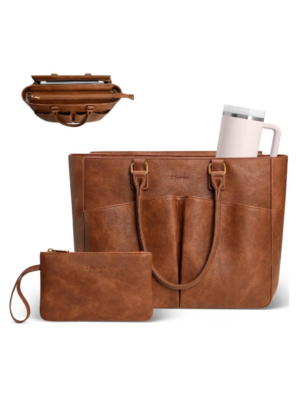 Faux Leather Laptop Tote Bag for Women 15.6-Inch Work Briefcase